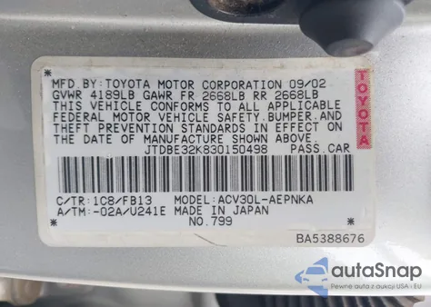 2003 Toyota Camry Le из США, поврежденный, VIN JTDBE32K830150498